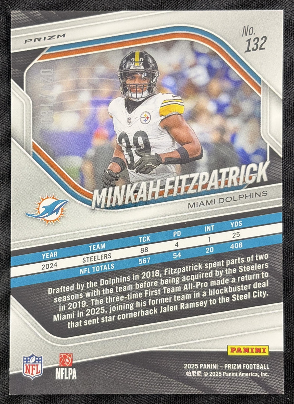 Minkah Fitzpatrick 2025 Panini Prizm Pigskin /180 Miami Dolphins Sports Trading Card