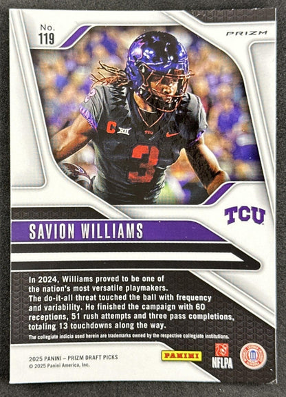 Savion Williams 2025 Panini Prizm Draft Picks Red Ice Horned Frogs Packers - Back