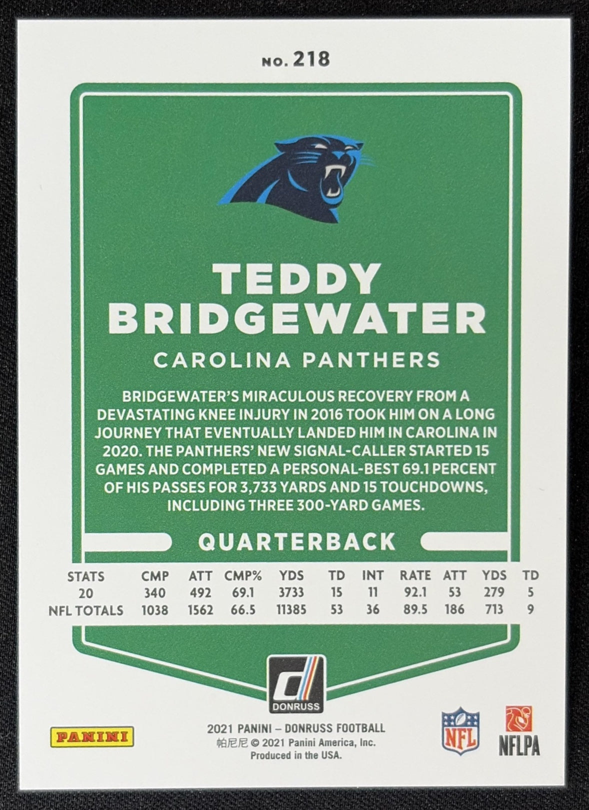 Teddy Bridgewater 2021 Panini Donruss Press Proof Premium Panthers - Carolina Panthers