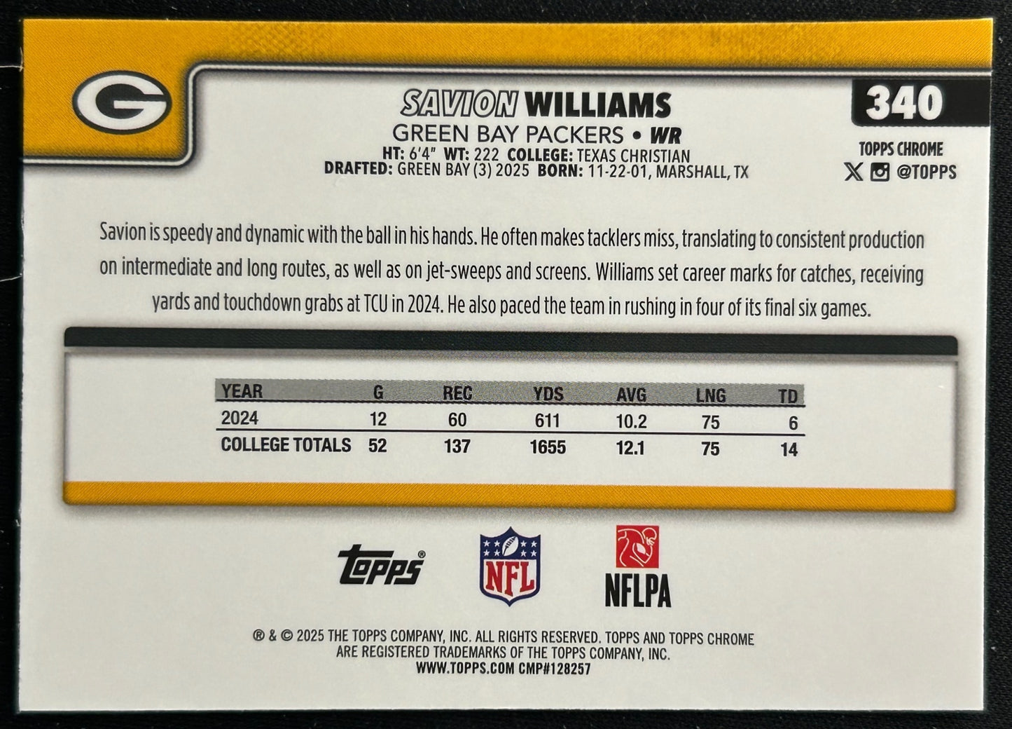 Savion Williams 2025 Topps Chrome Rookie Packers Sports Trading Cards