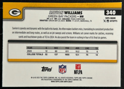 Savion Williams 2025 Topps Chrome Rookie Packers Sports Trading Cards