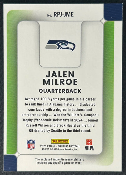Jalen Milroe 2025 Donruss Rookie Phenom Jerseys Seahawks Sports Trading Card