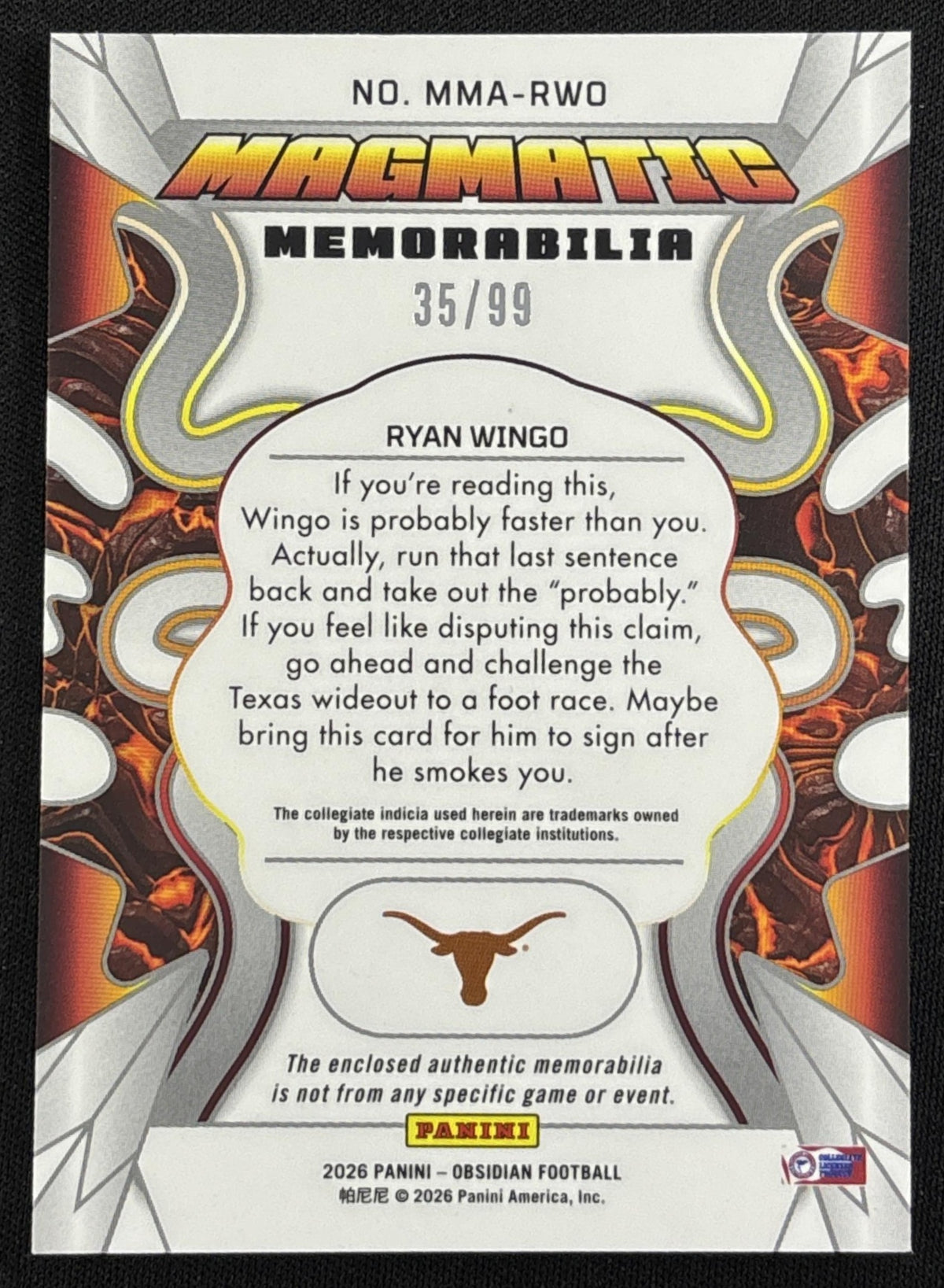 Ryan Wingo 2026 Panini Obsidian Magmatic Memorabilia Red /99 Longhorns Sports Trading Card