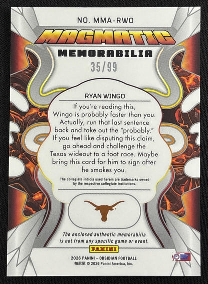 Ryan Wingo 2026 Panini Obsidian Magmatic Memorabilia Red /99 Longhorns Sports Trading Card