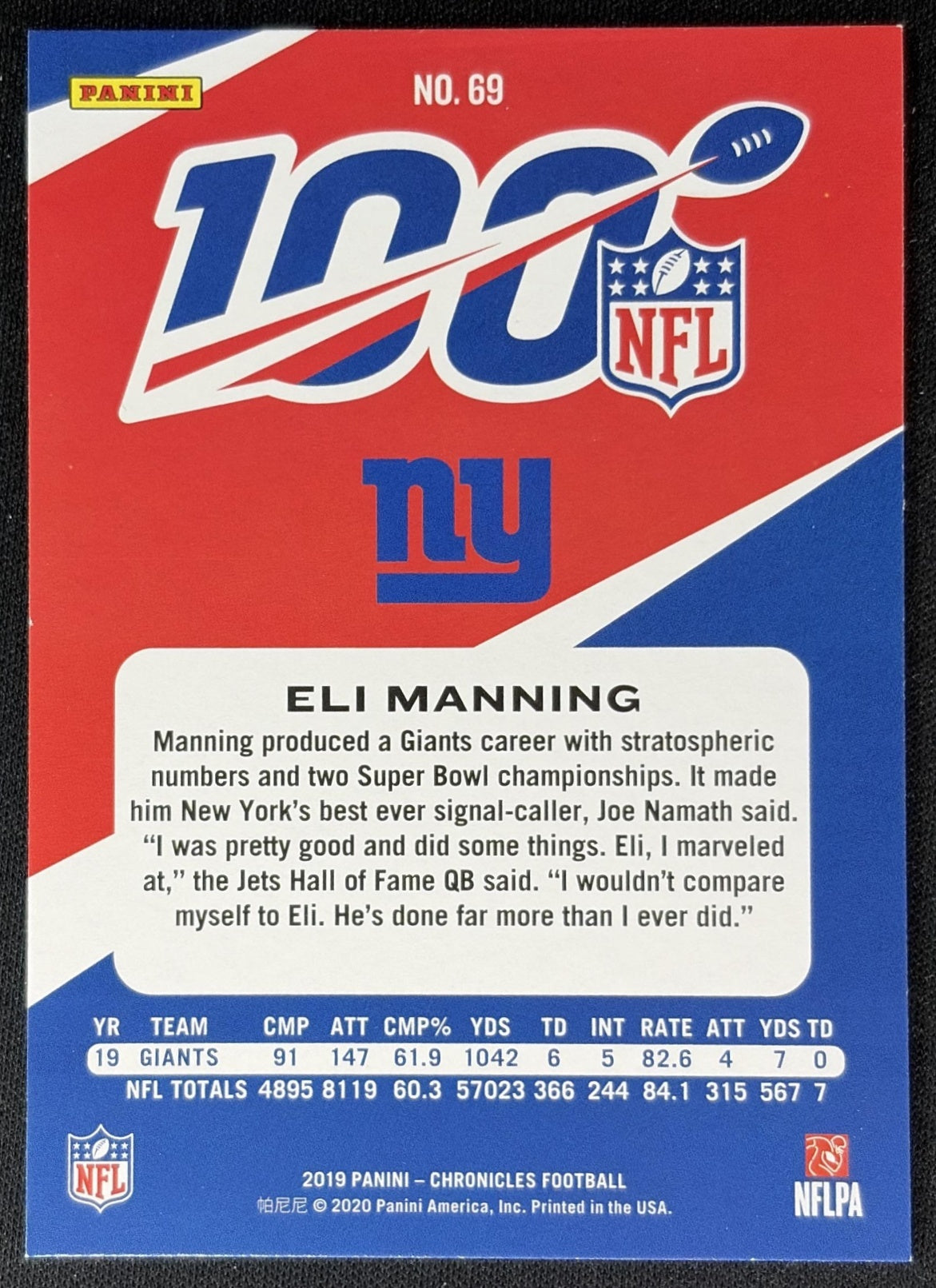 Eli Manning 2019 Panini Chronicles NFL 100 Giants back