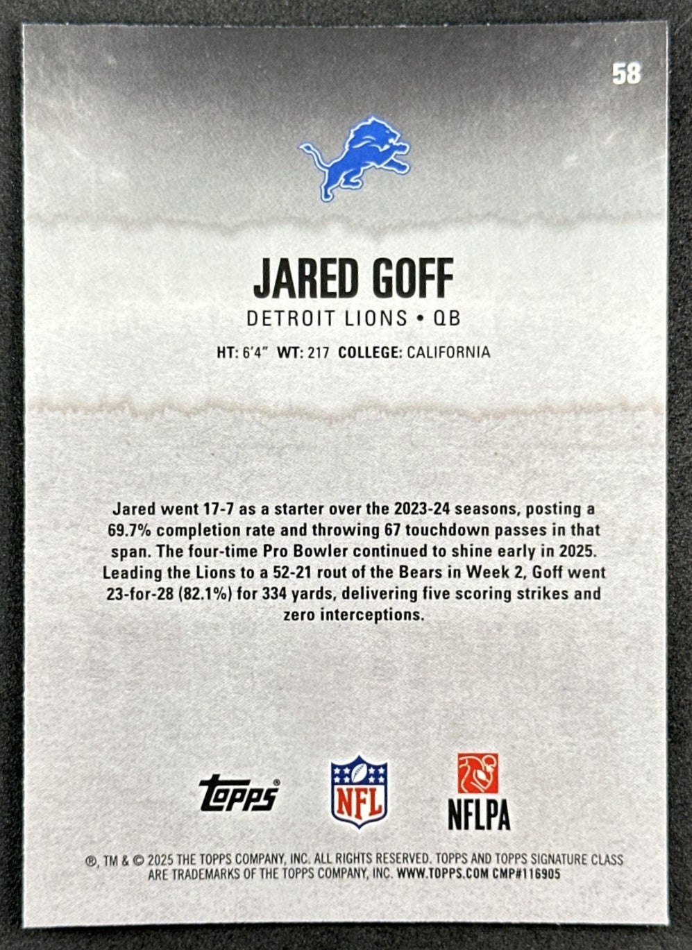 Jared Goff 2025 Topps Signature Class Chrome Veteran Lions Back