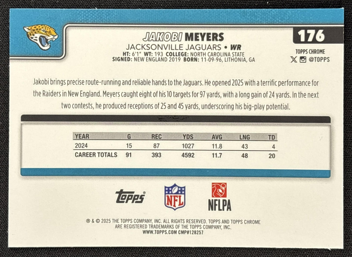 Jakobi Meyers 2025 Topps Chrome Yellow Wave Refractor /275 Jaguars