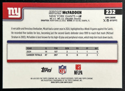 Micah McFadden 2025 Topps Chrome Giants Sports Trading Cards