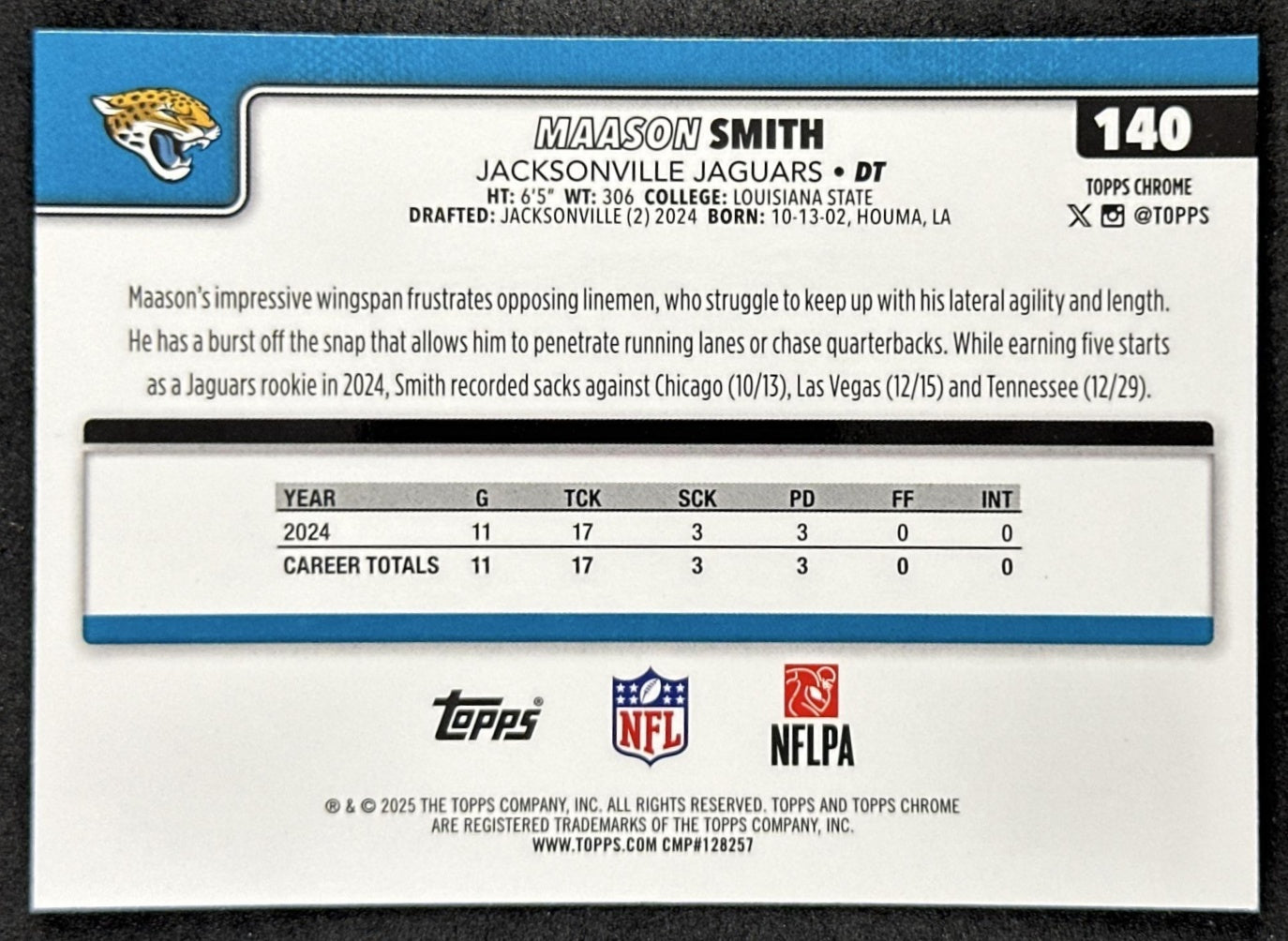 Maason Smith 2025 Topps Chrome Football Leather Refractor Jaguars