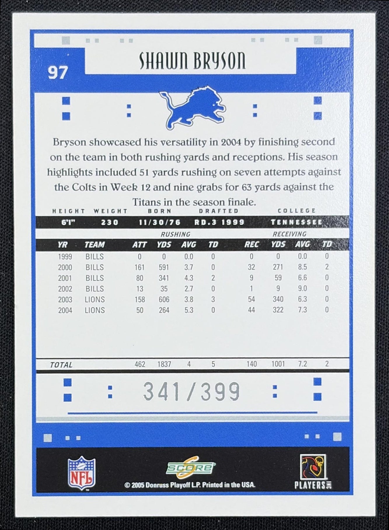 Shawn Bryson 2005 Score Adrenaline /399 Lions