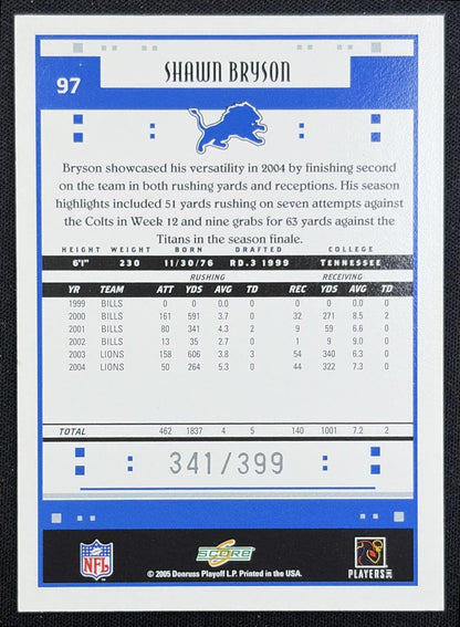 Shawn Bryson 2005 Score Adrenaline /399 Lions