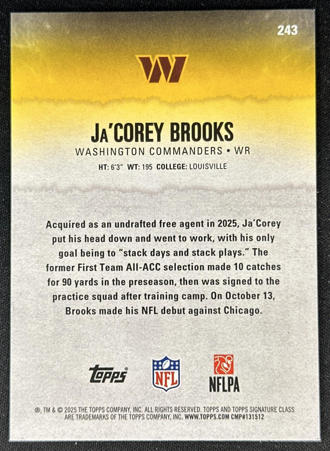 Ja'Corey Brooks 2025 Topps Signature Class Green & Purple Rookie Commanders back