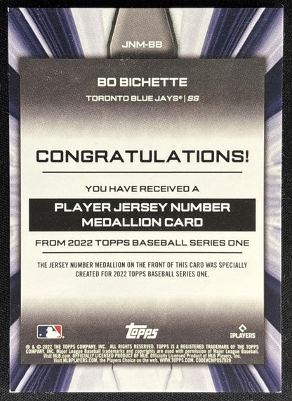 Bo Bichette 2022 Player Jersey Number Medallion Commemorative Manufactured Relics Blue Jays Sports Trading Card
