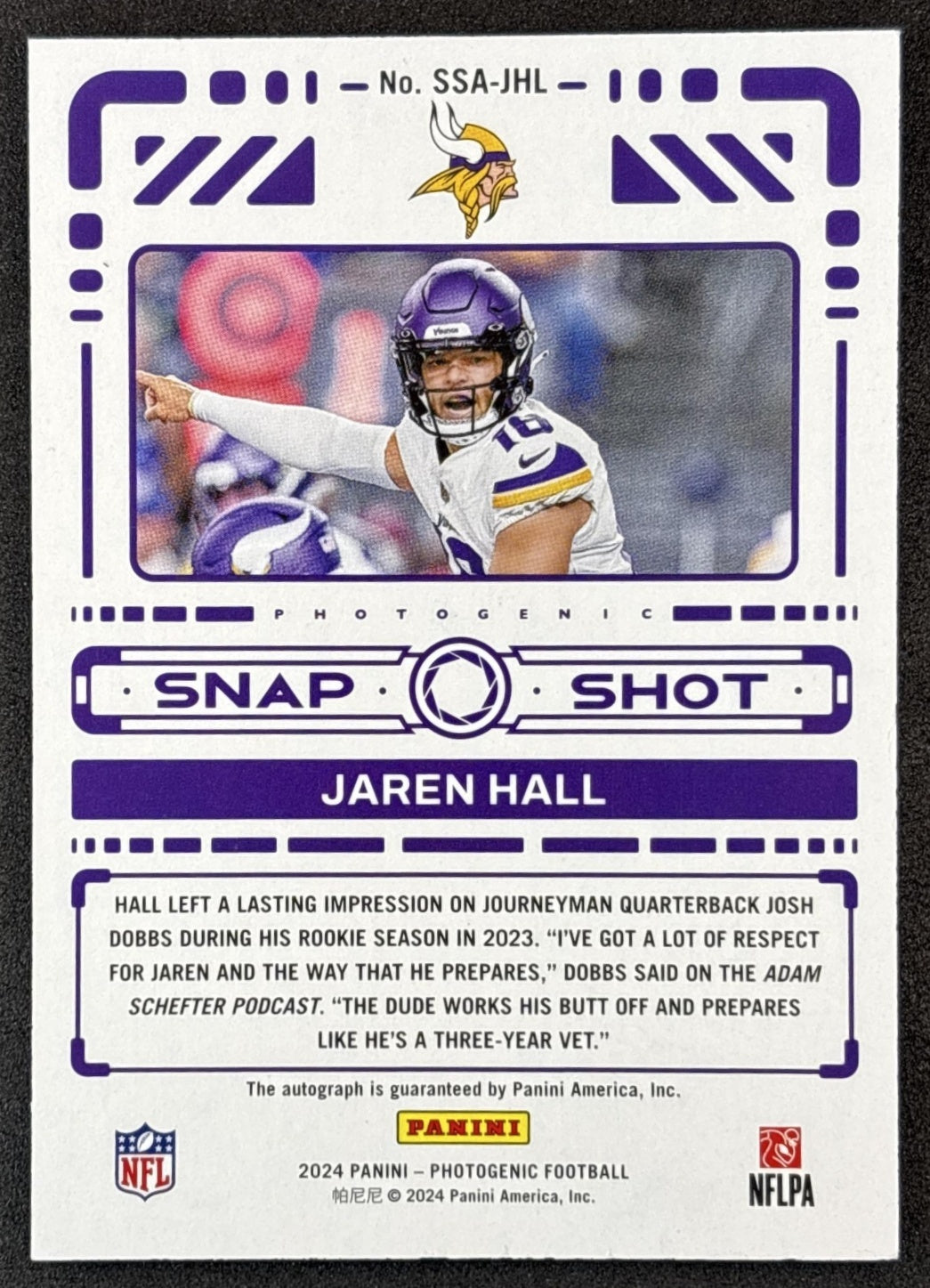 Jaren Hall 2024 Panini Photogenic Snapshots Auto Blue /25 Vikings