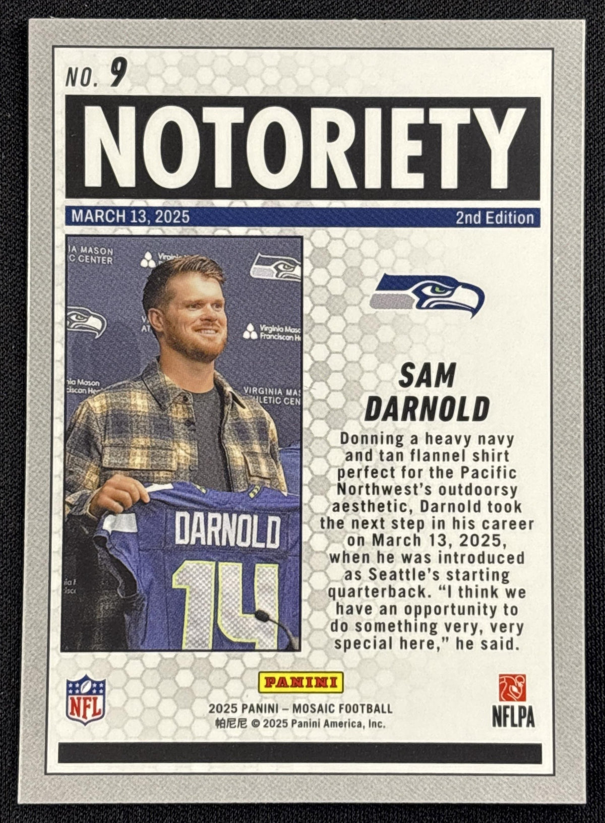 Sam Darnold 2025 Panini Mosaic Notoriety Mosaic Prizm Seahawks Seattle Seahawks