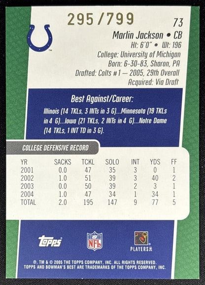 Marlin Jackson 2005 Bowman's Best Green /799 Colts Sports Trading Cards