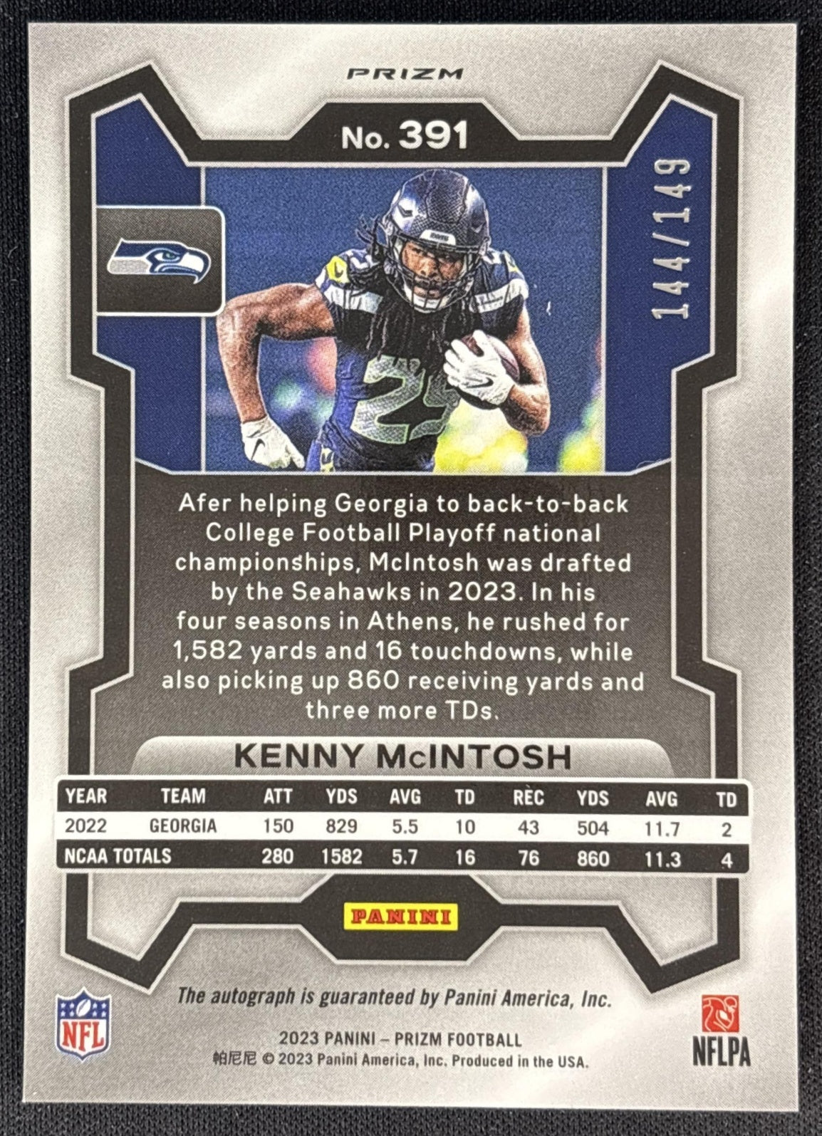 Kenny McIntosh 2023 Panini Prizm Rookie Auto Red Wave /149 Seahawks back
