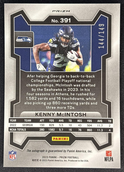 Kenny McIntosh 2023 Panini Prizm Rookie Auto Red Wave /149 Seahawks back