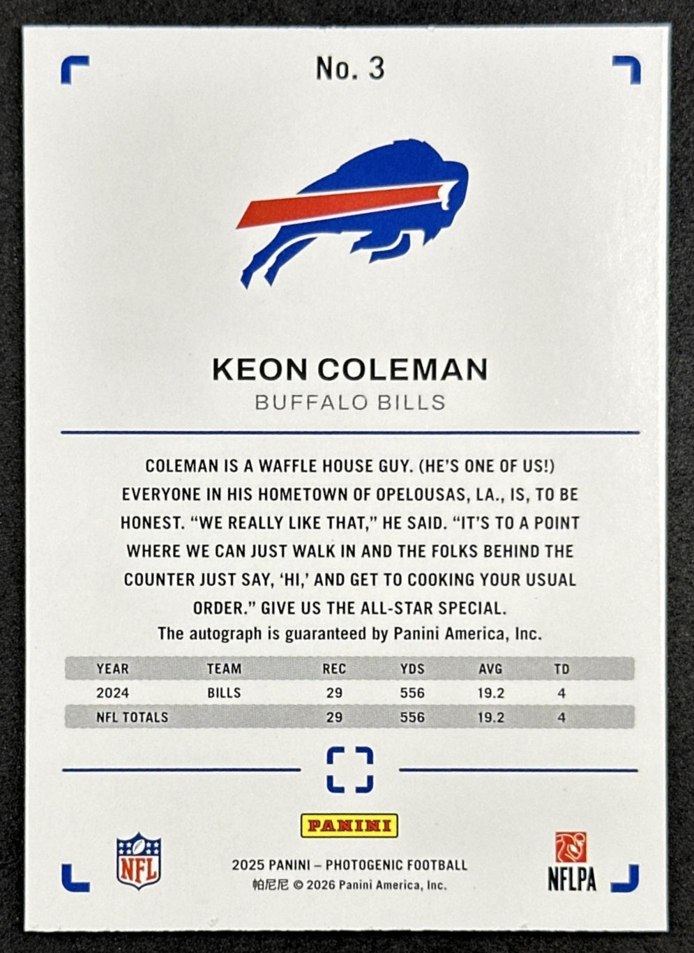 Keon Coleman 2025 Panini PhotoGenic Auto Bills Sports Trading Cards