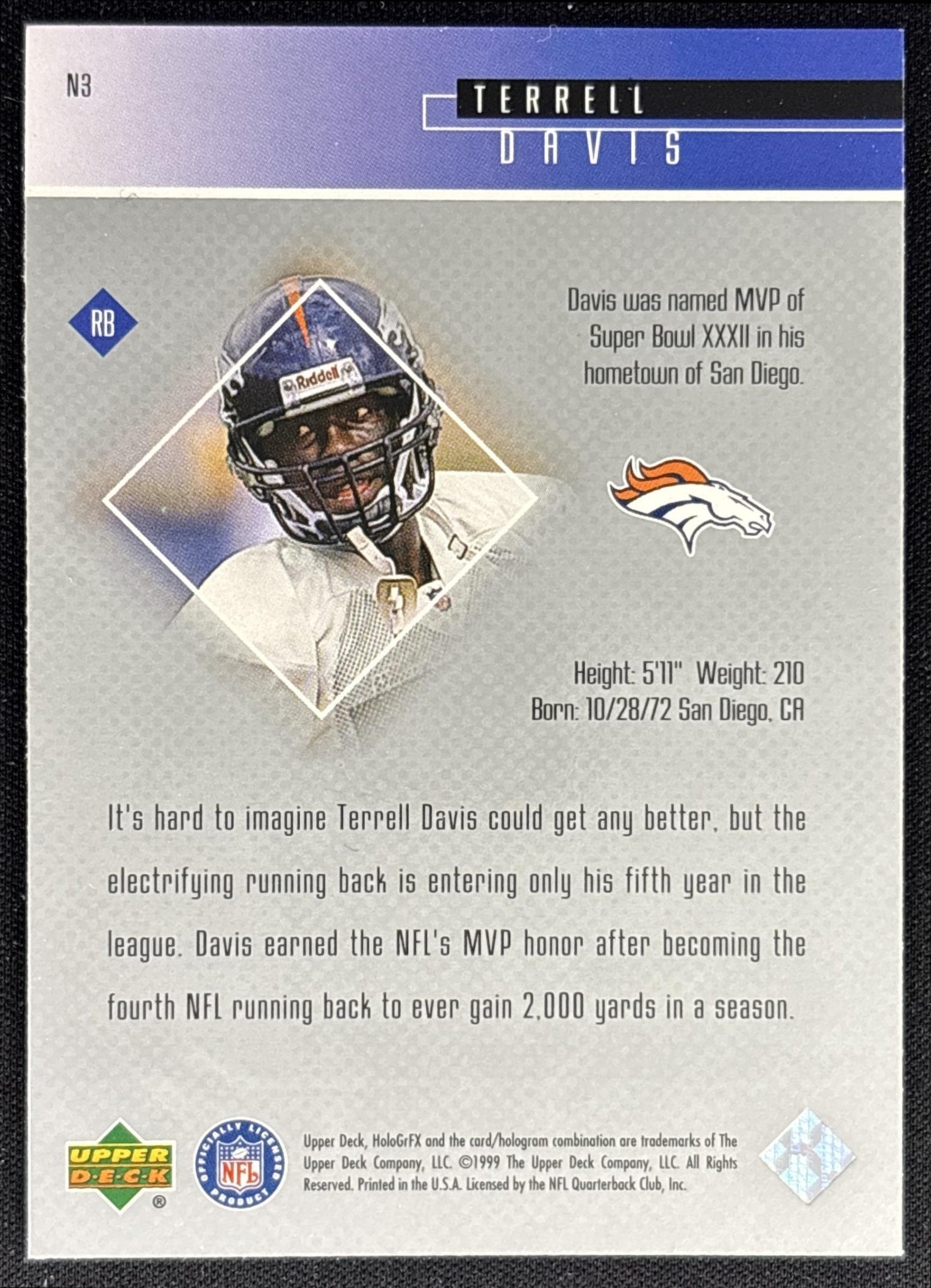 Terrell Davis 1999 Upper Deck HoloGrFX NFL 24/7 Broncos back