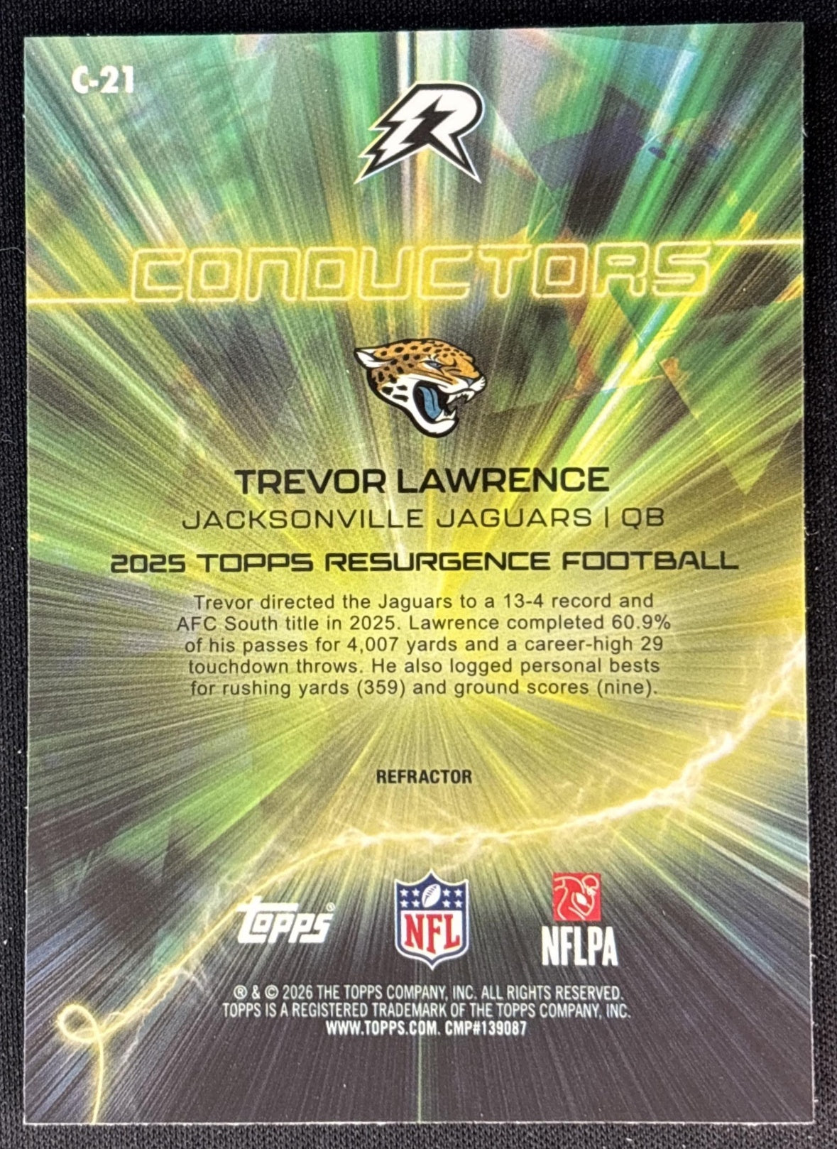 Trevor Lawrence 2025 Topps Resurgence Conductors Refractor Jaguars Jacksonville Jaguars Sports Trading Cards
