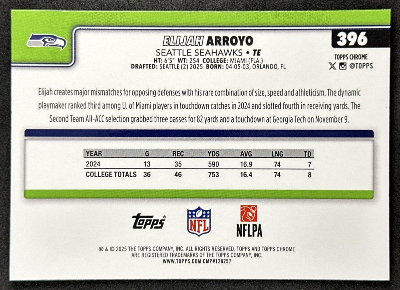 Elijah Arroyo 2025 Topps Chrome Sapphire Seahawks Sports Trading Card