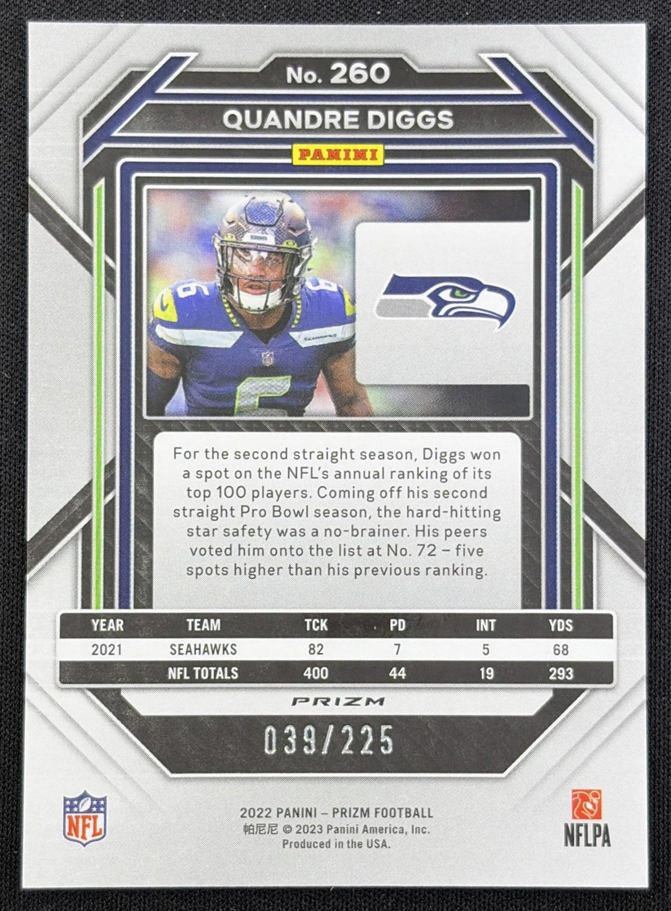 Quandre Diggs 2022 Panini Prizm Purple Ice /225 Seahawks