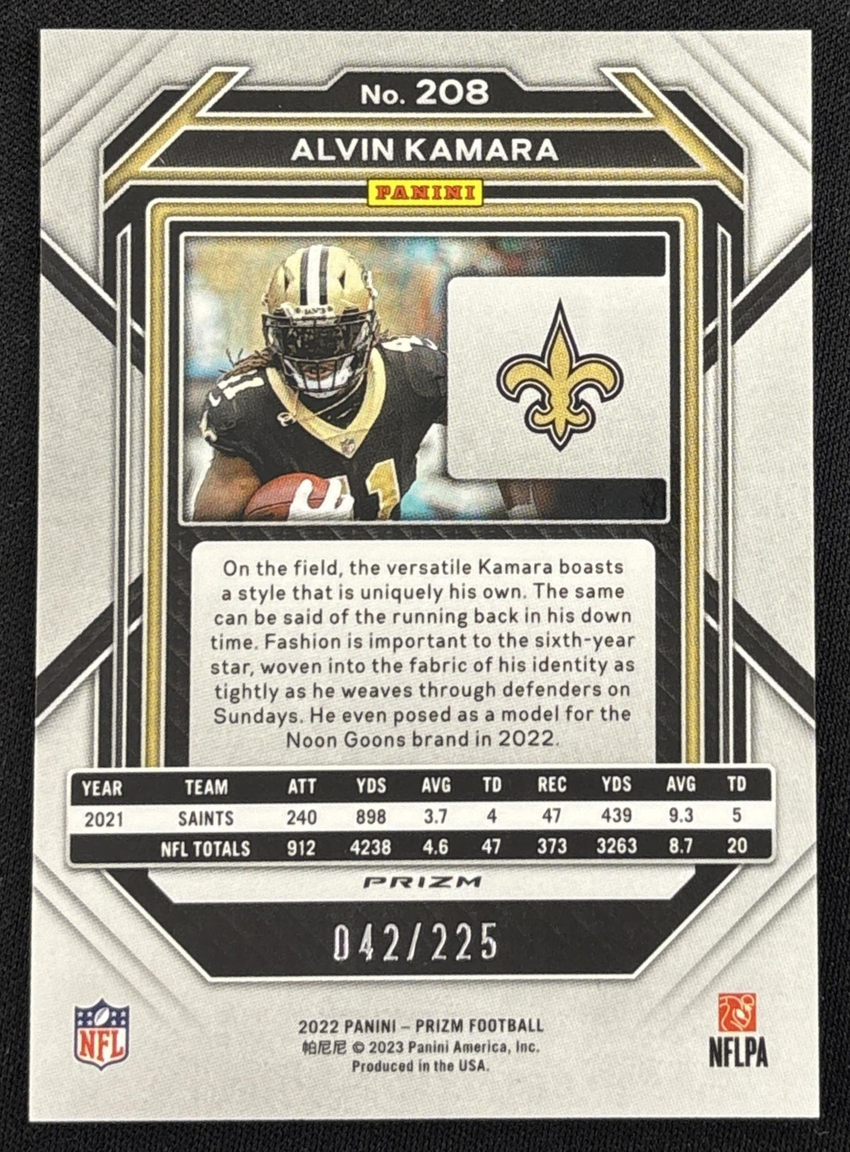 Alvin Kamara 2022 Panini Prizm Purple Ice /225 Saints Sports Trading Card