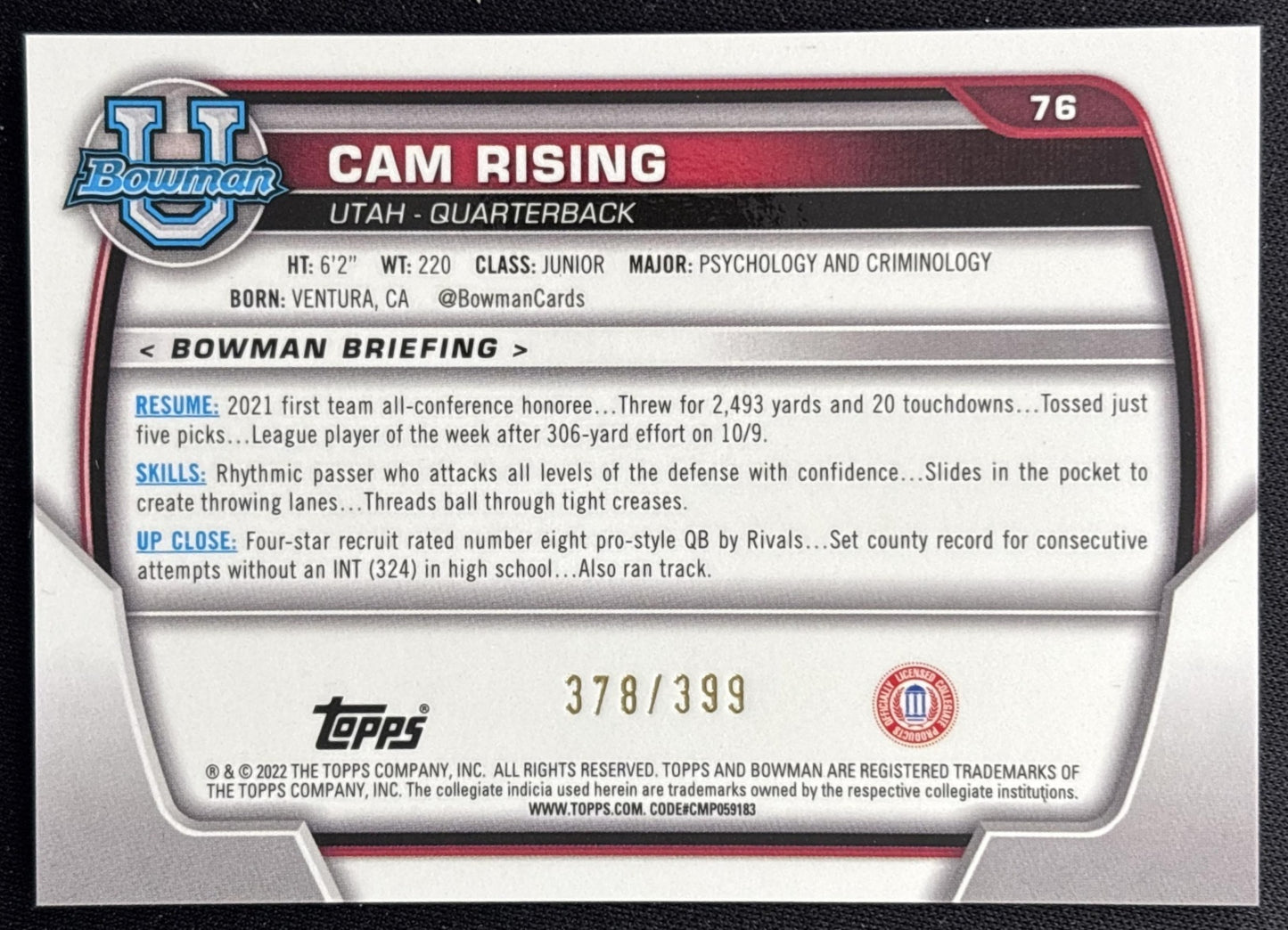 Cam Rising 2022 Bowman University Chrome Purple Refractor /399 Utes back