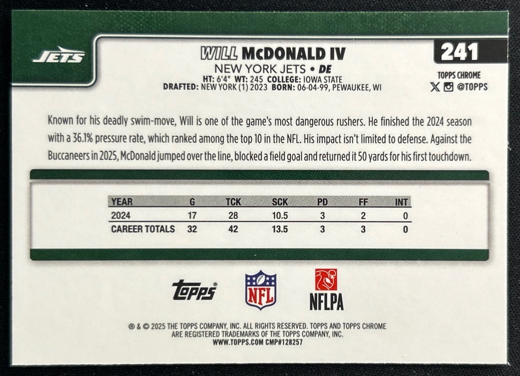 Will McDonald IV 2025 Topps Chrome Jets Sports Trading Cards