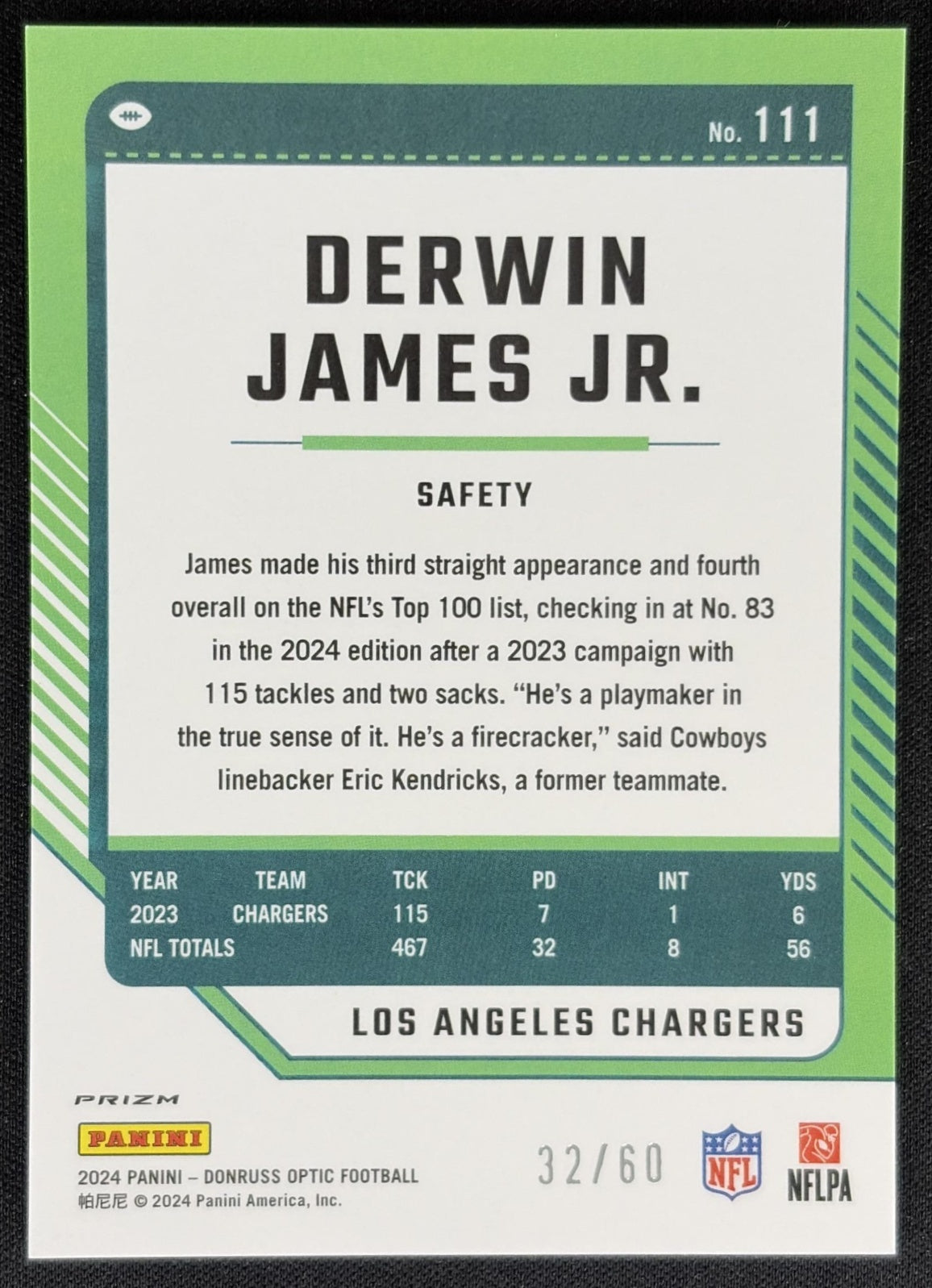 Derwin James Jr. 2024 Panini Donruss Optic Purple /60 Chargers