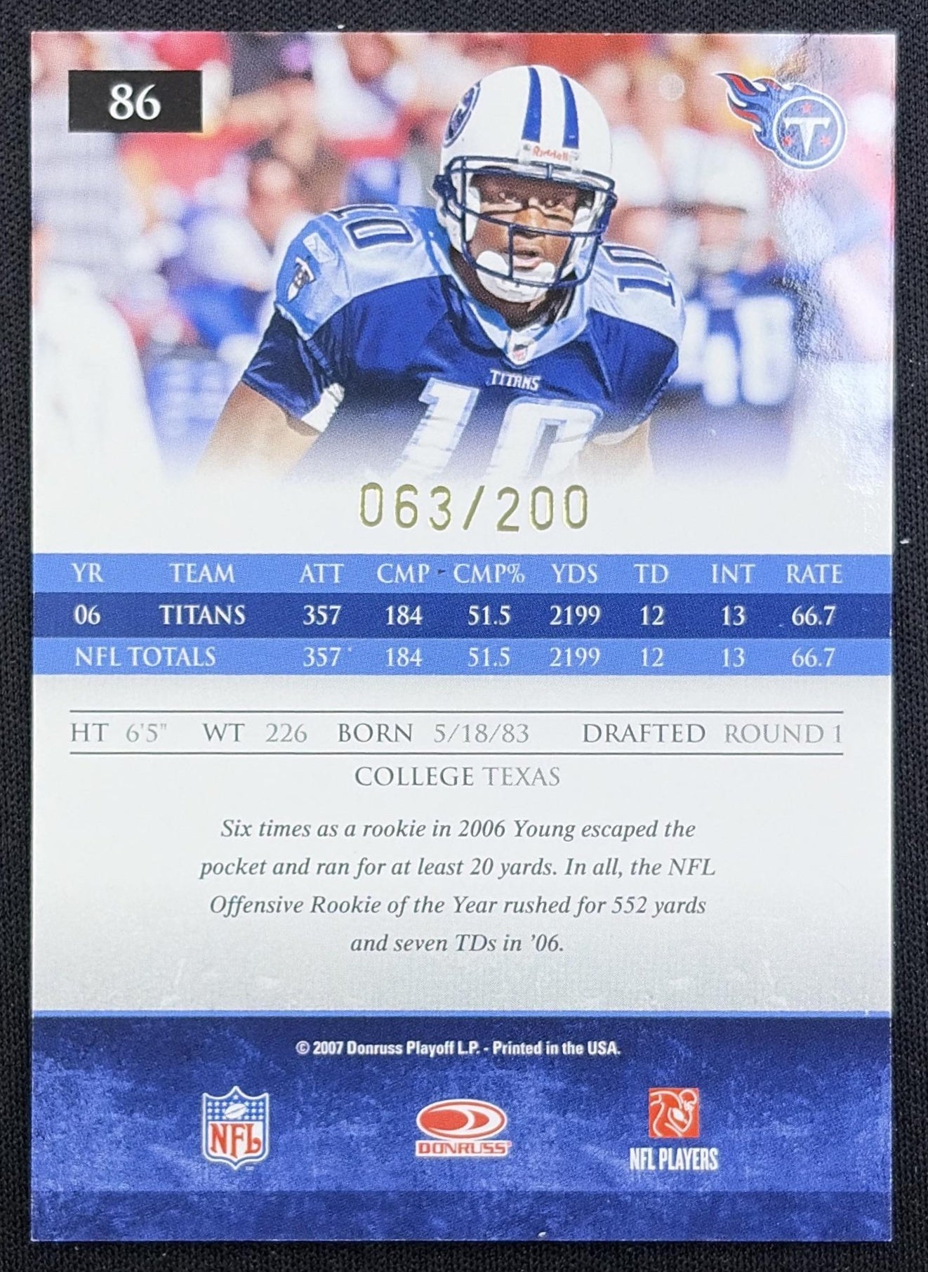 Vince Young 2007 Donruss Gridiron Gear Titans