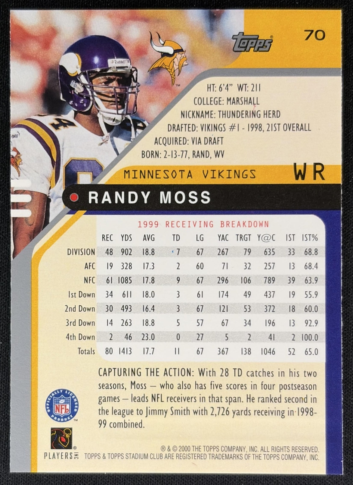 Randy Moss 2000 Topps Stadium Club Vikings back