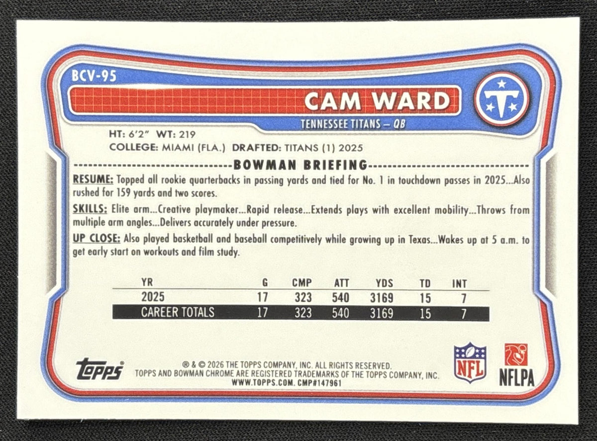 Cam Ward 2026 Bowman Chrome NFL Speckle Refractor Titans