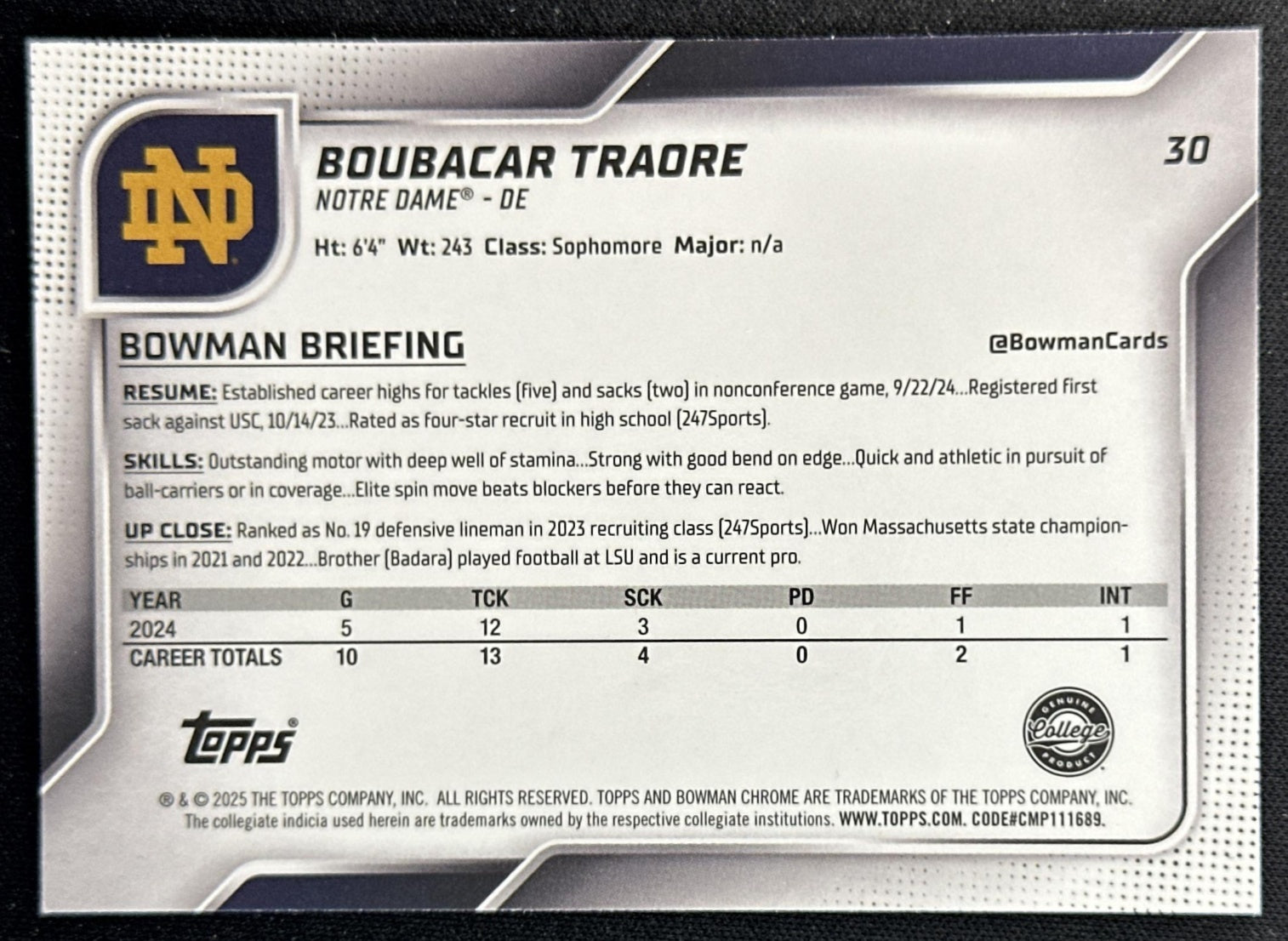 Boubacar Traore 2025 Chrome University Prospects Aqua Mini-Diamond Refractor /325 Fighting Irish