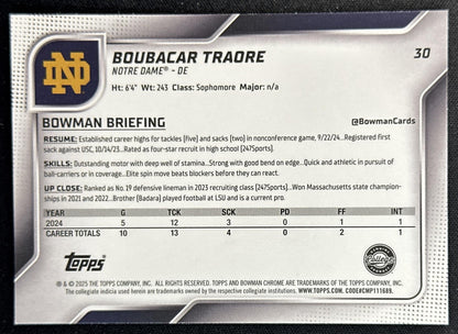 Boubacar Traore 2025 Chrome University Prospects Aqua Mini-Diamond Refractor /325 Fighting Irish
