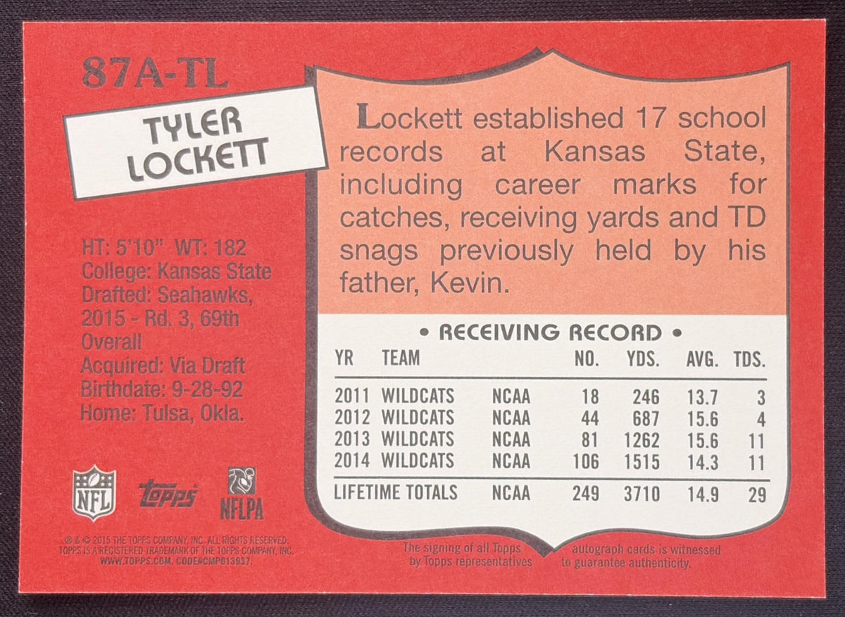 Tyler Lockett 2015 Topps 1987 Super Rookie Auto /250 Seahawks Sports Trading Card