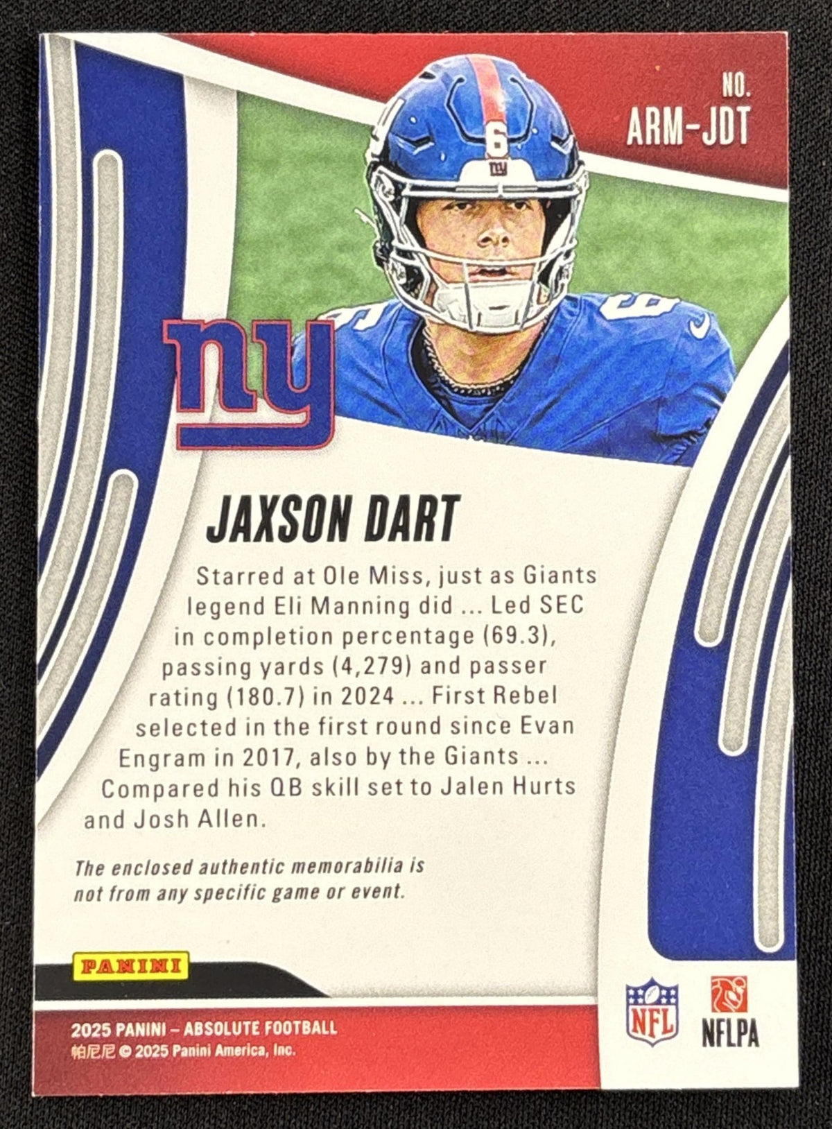 Jaxson Dart 2025 Panini Absolute Rookie Materials Giants 2 Sports Trading Card