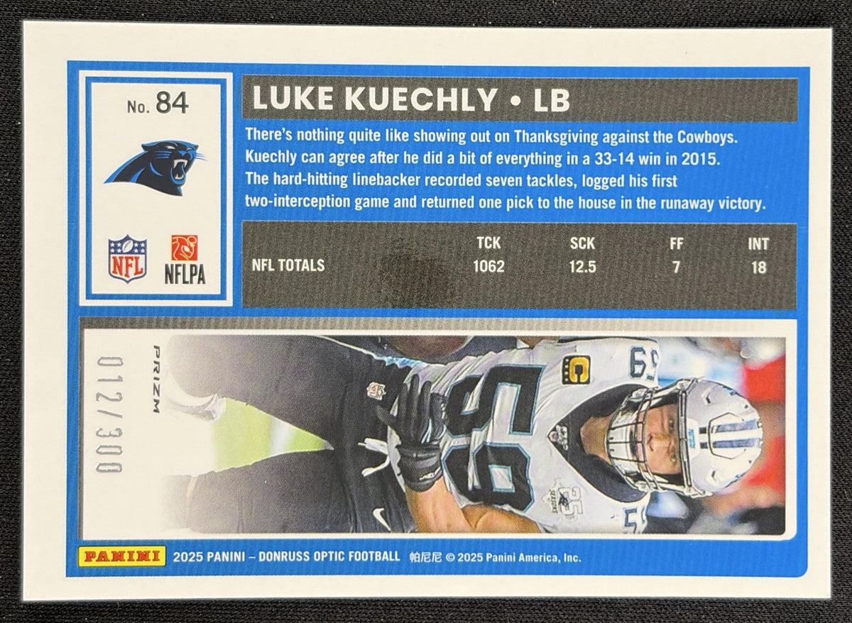 Luke Kuechly 2025 Panini Donruss Optic Wave Prizm /300 Panthers back
