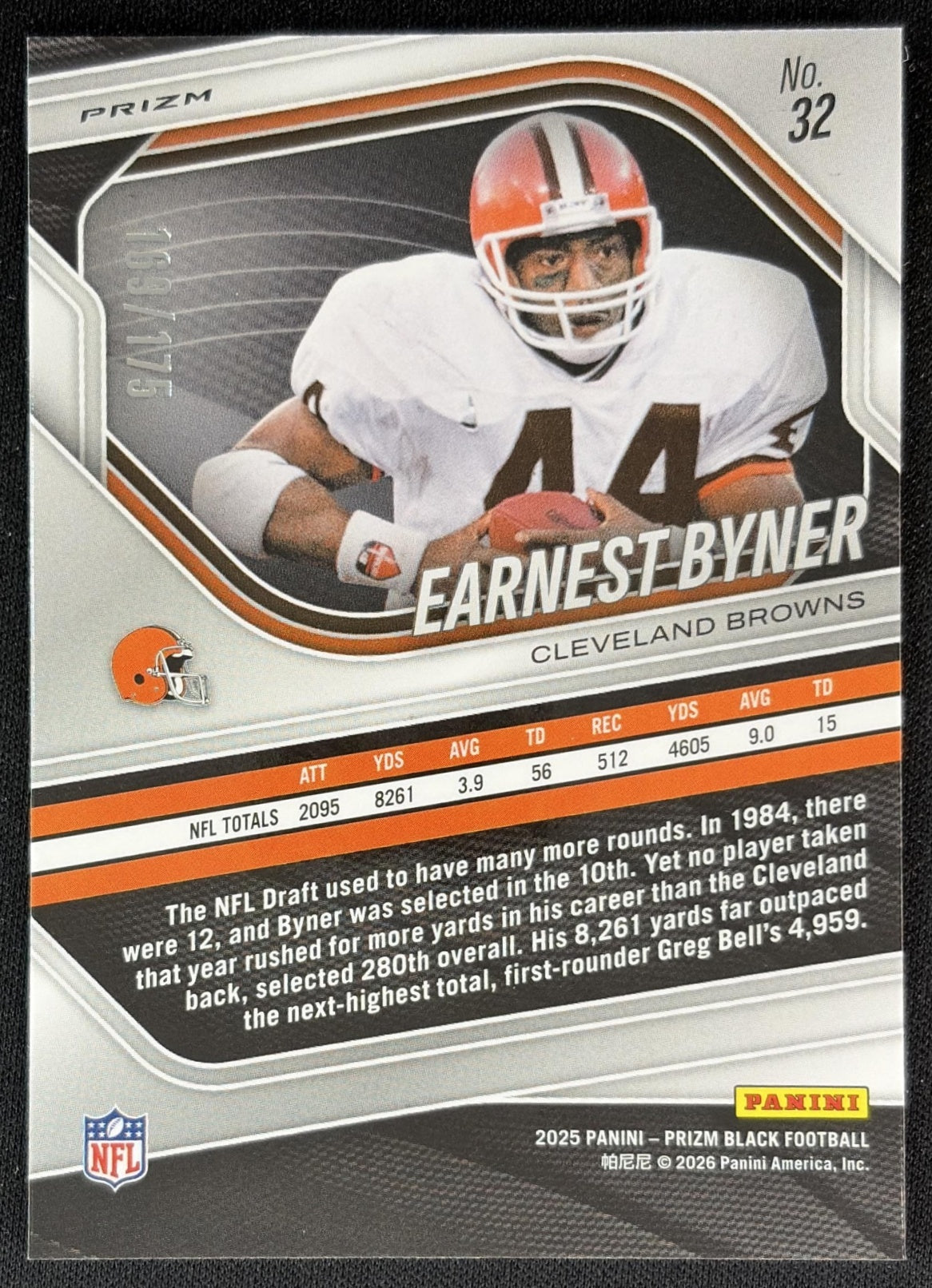 Earnest Byner 2025 Panini Prizm Black White /175 Browns Back