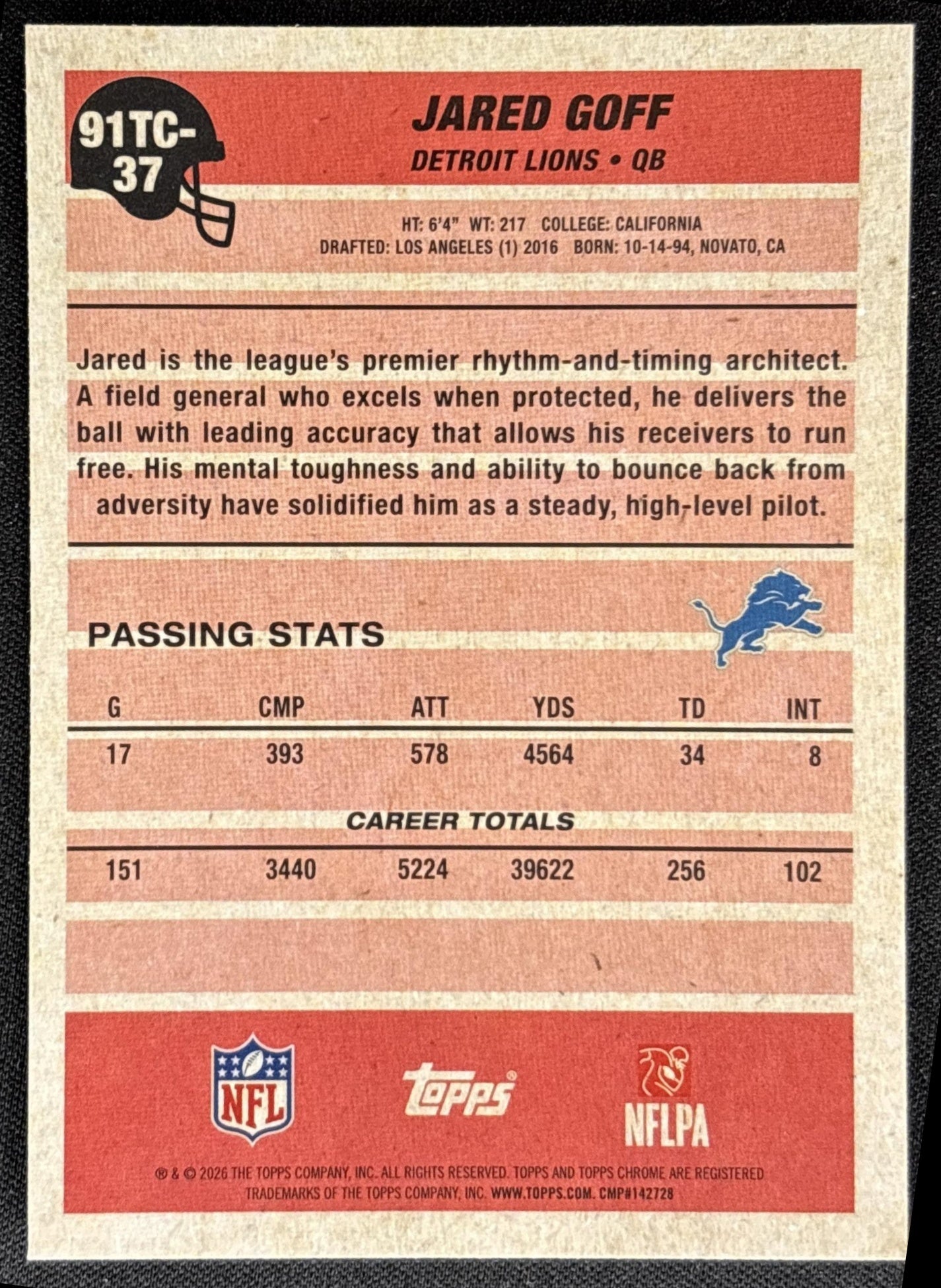 Jared Goff 2026 Topps 1991 Chrome Mojo Refractor Lions