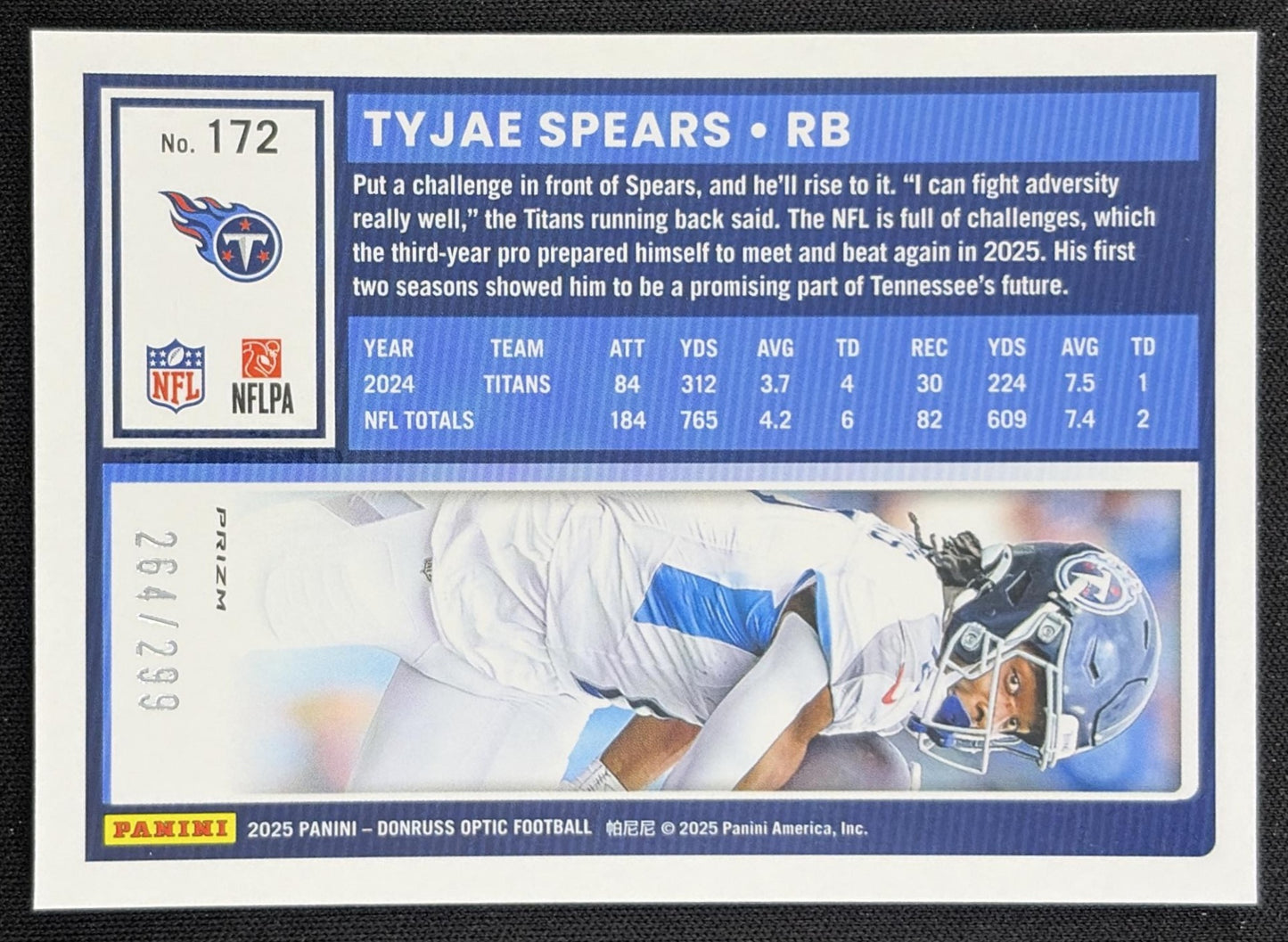 Tyjae Spears 2025 Panini Donruss Optic Orange Prizm /299 Titans