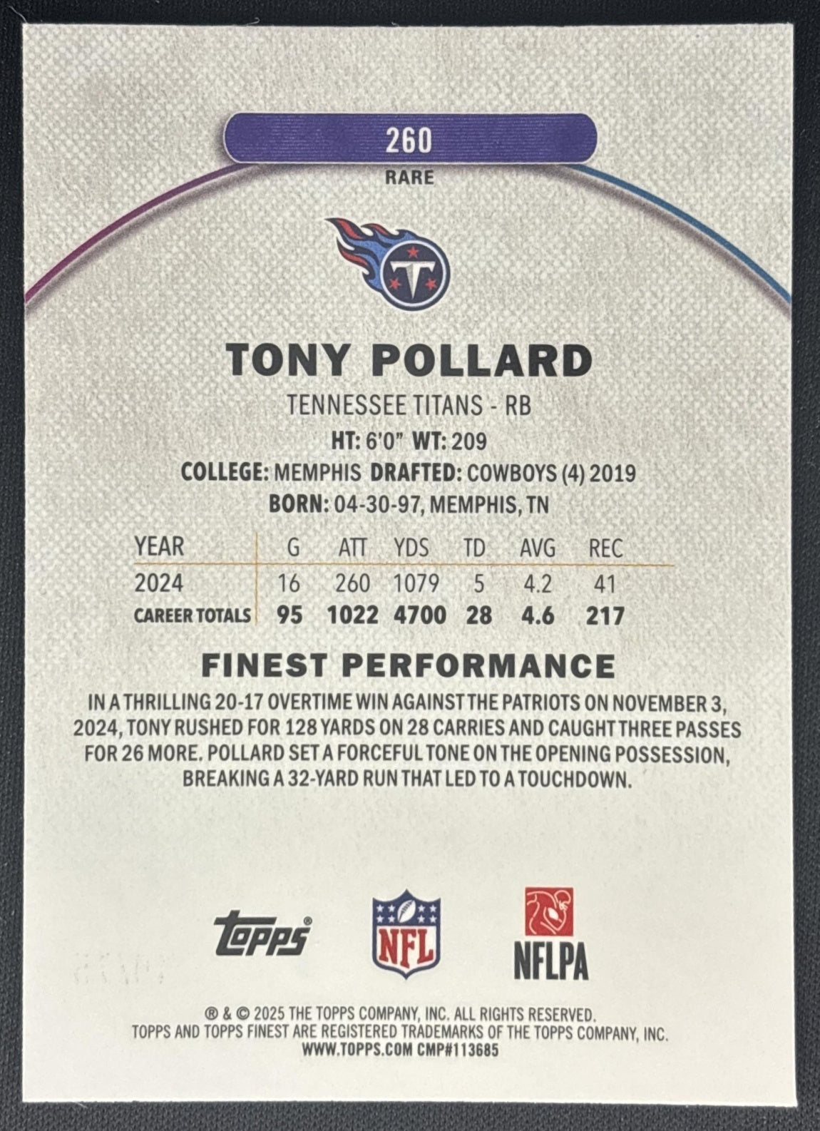 Tony Pollard 2025 Topps Finest Rare Purple X-Fractor /75 Titans back