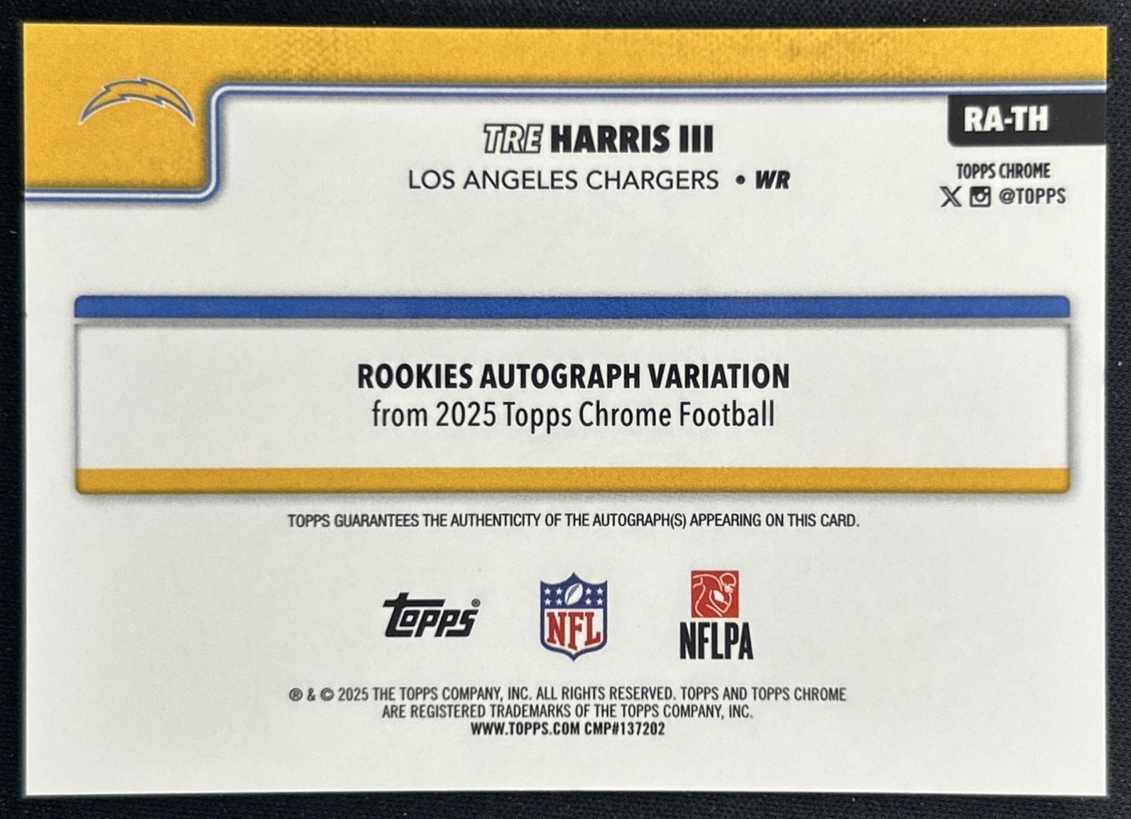Tre Harris III 2025 Chrome Sapphire Rookie Auto Orange Refractor /25 Chargers back