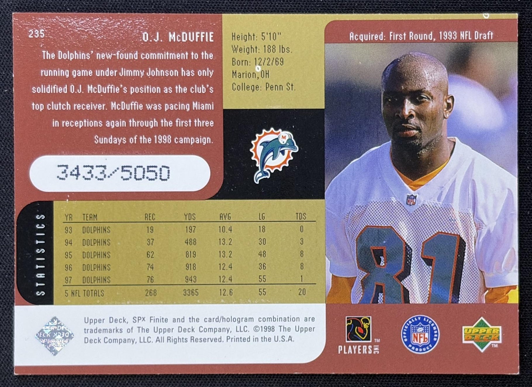 O.J. McDuffie 1998 SPx Finite Radiance /5050 Dolphins