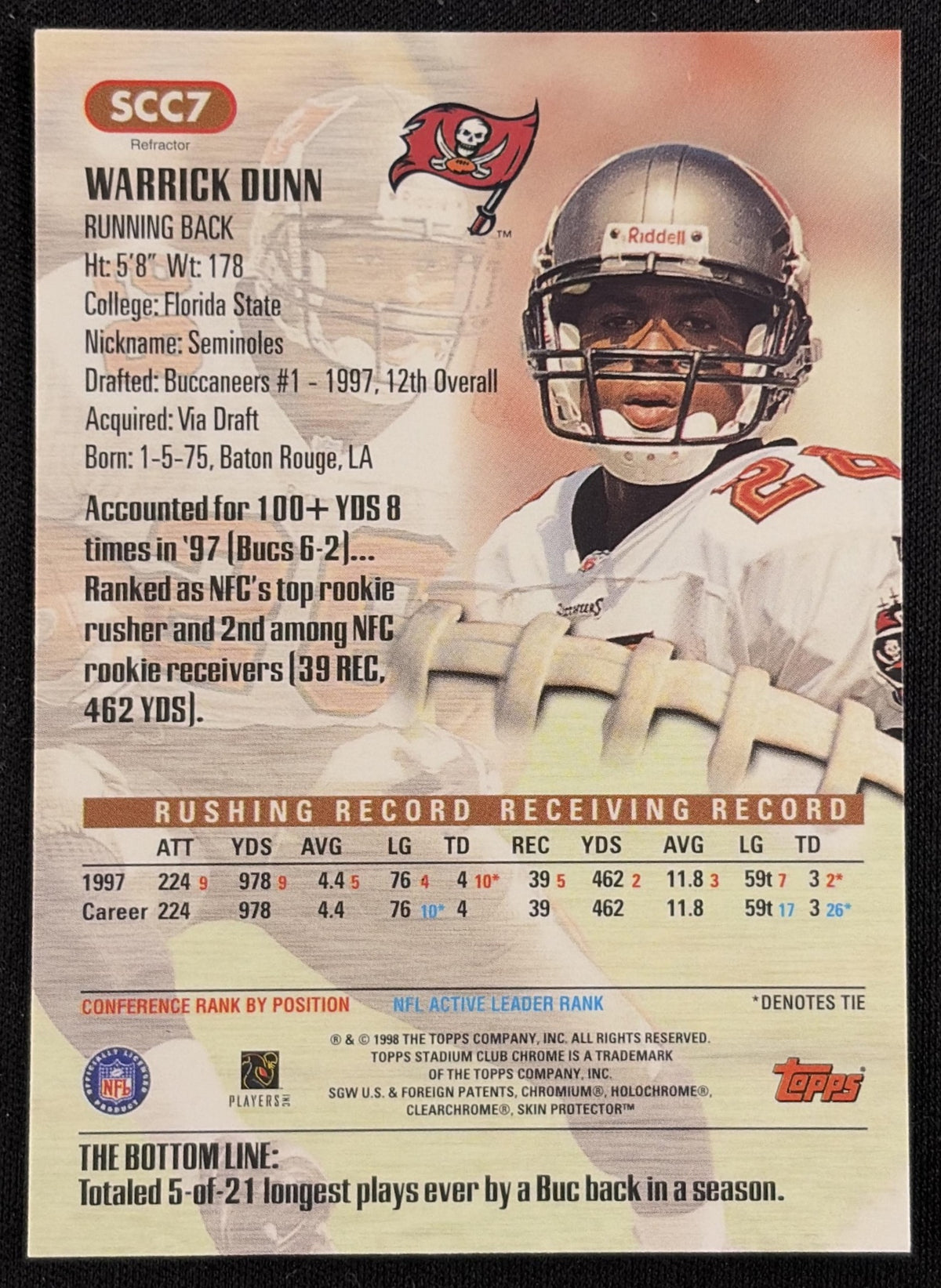 Warrick Dunn 1998 Topps Stadium Club Chrome Refractors Buccaneers - Back