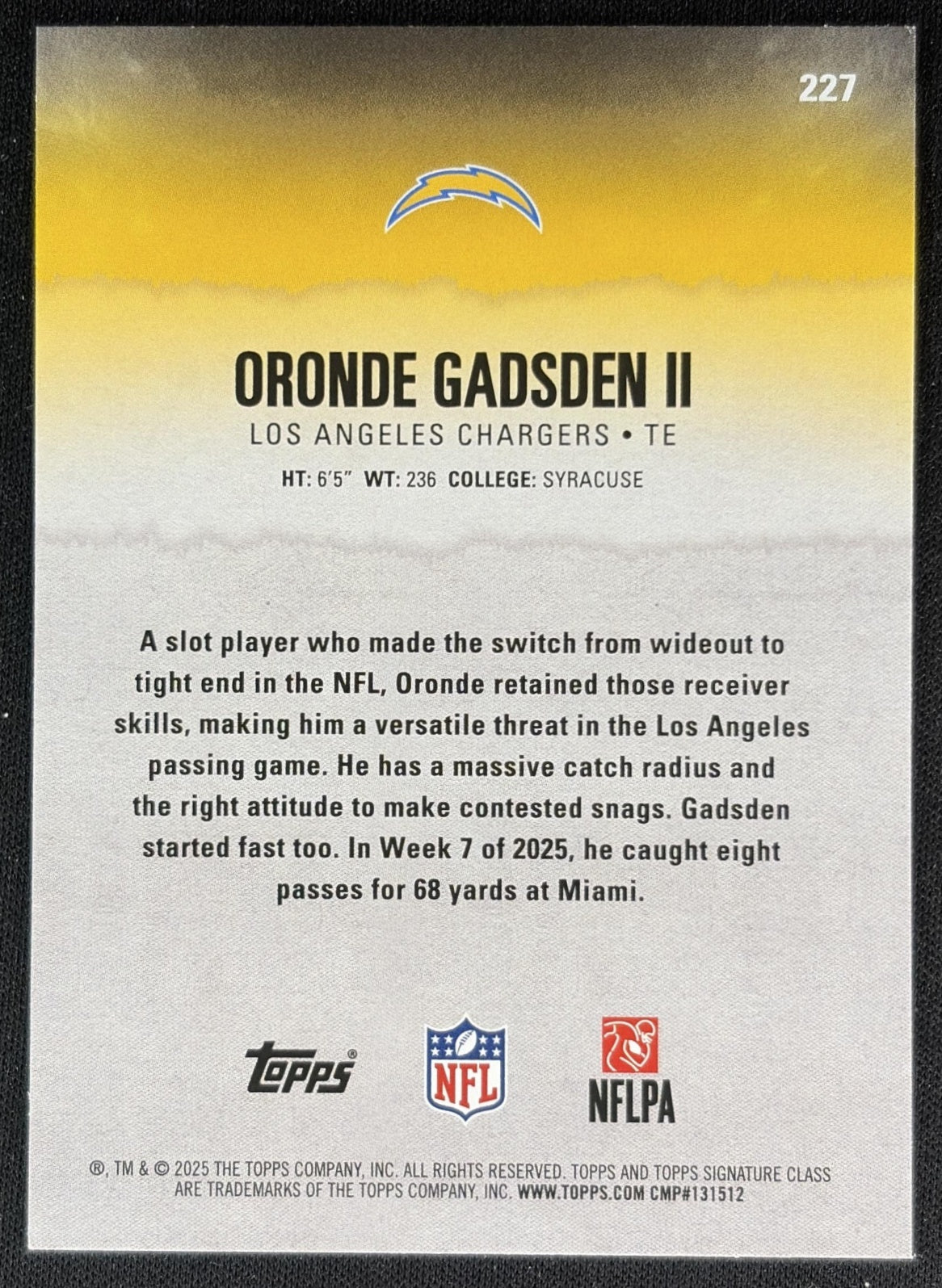 Oronde Gadsden II 2025 Topps Signature Class Rookie Green & Purple Foil Chargers back