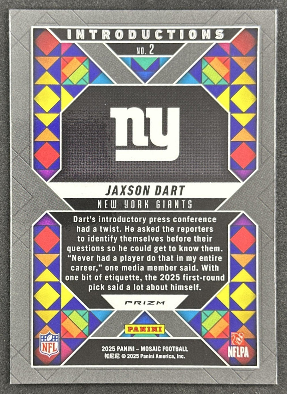 Jaxson Dart 2025 Panini Mosaic Introductions No Huddle Silver Prizm Giants Sports Trading Cards