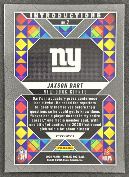 Jaxson Dart 2025 Panini Mosaic Introductions No Huddle Silver Prizm Giants Sports Trading Cards