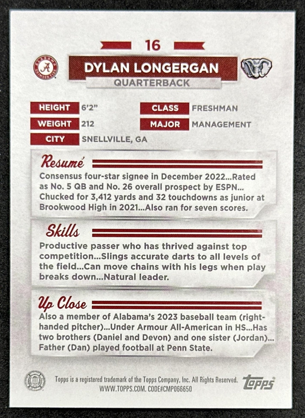 Dylan Longergan 2023 Bowman University Alabama Crimson Tide Rainbow Foil back